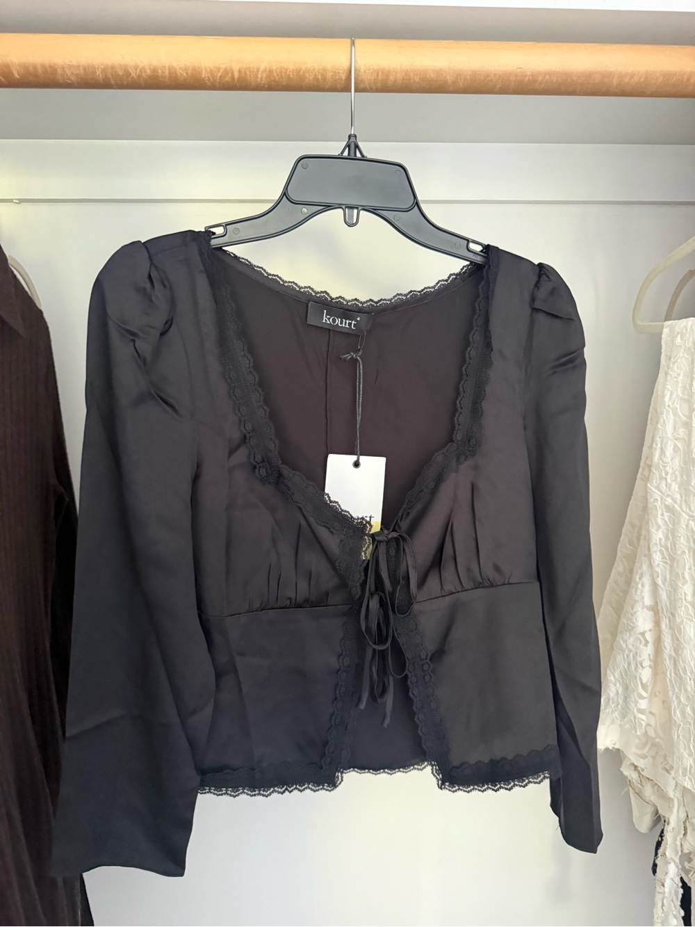 Kourt Black Satin Lace-Trim Tie-Front Blouse